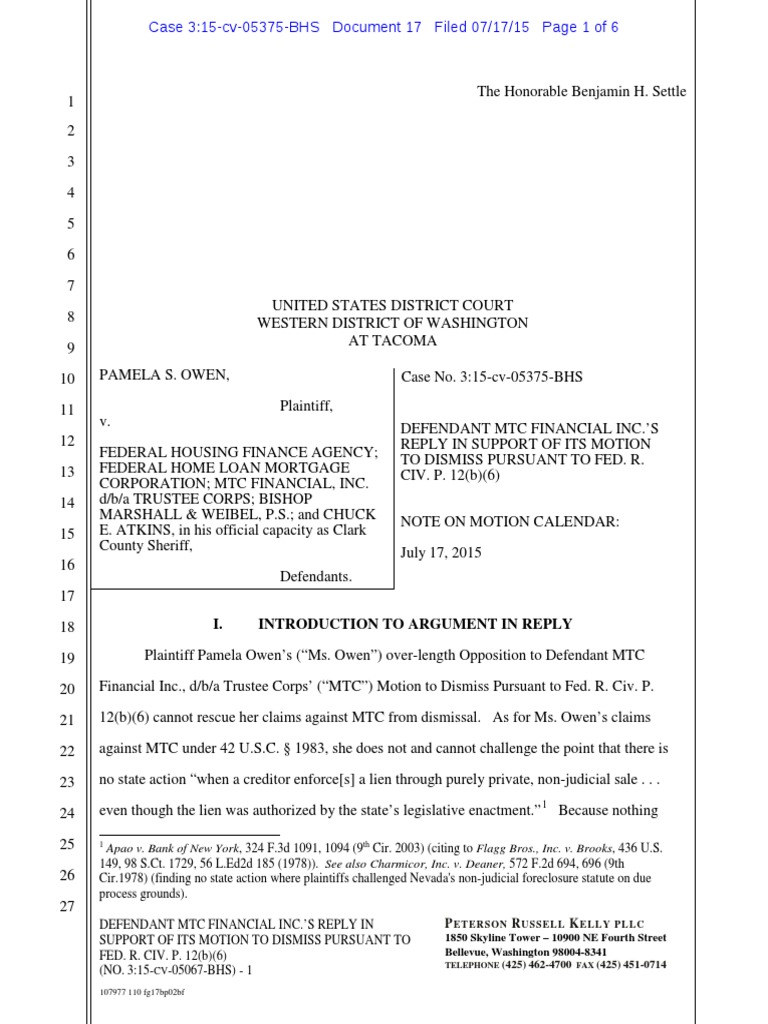 Pamela Owen. Defendant MTC Financial Inc.'s Reply in Support of Its