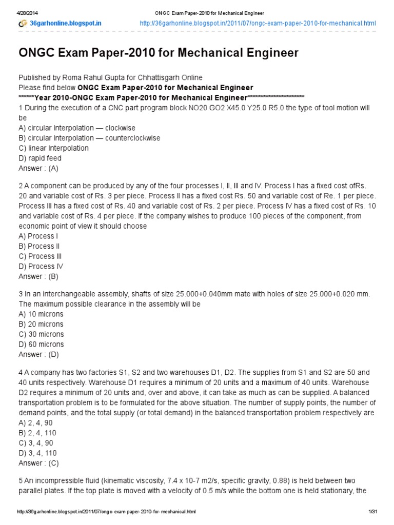 ONGC Exam Paper2010 for Mechanical Engineer Gear Stress (Mechanics)