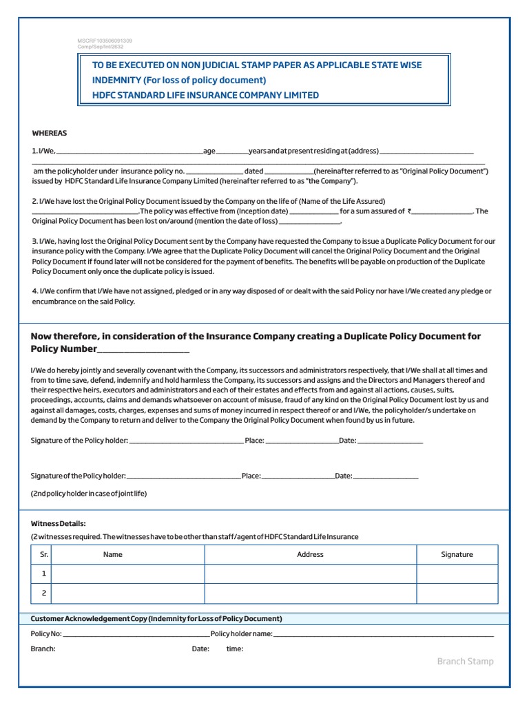 Indemnity for Lost Insurance Document | PDF | Indemnity | Insurance