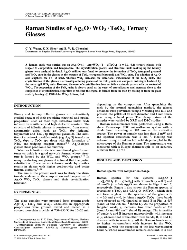 Raman Studies of Ternary Ag2O Æ Wo3 Æ Teo2 Glasses | PDF | Raman ...