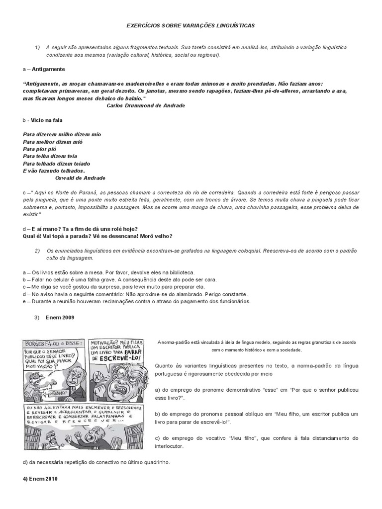 Atividades Variedades Linguisticas Ensino Médio Com Gabarito
