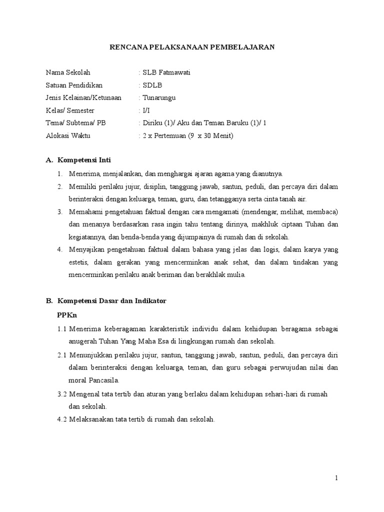 RPP Pembelajaran SLB Tunarungu Kelas 1 | PDF