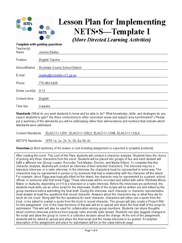 Character Analysis Lesson Plan: Lord of the Flies | PDF | Classroom ...