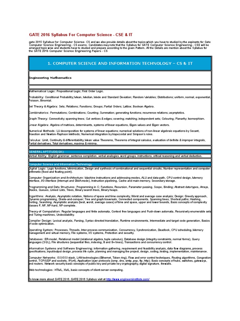 GATE 2016 Syllabus For Computer Science | PDF