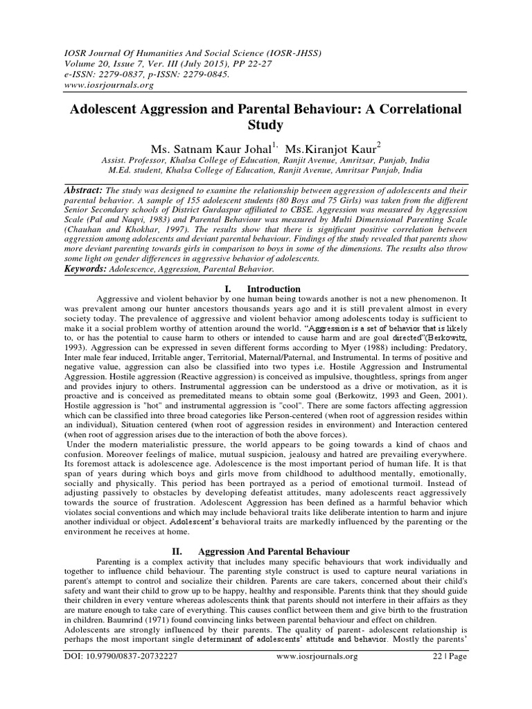 Adolescent Aggression and Parenting Study | PDF | Aggression | Adolescence