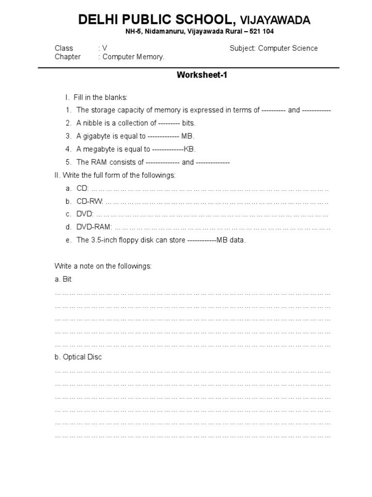Class V Computer Memory Worksheet | PDF | Computers
