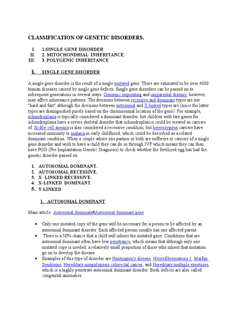 Classification of Genetic Disorders | PDF | Genetic Disorder | Genetics