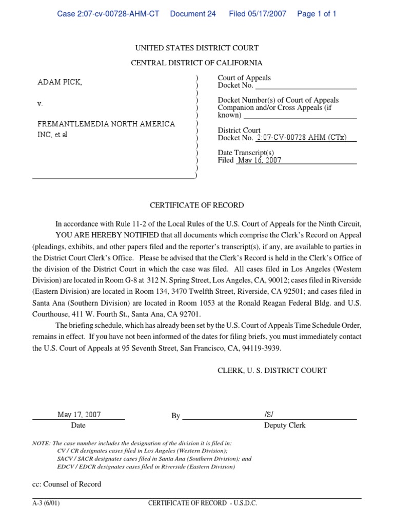 A3 (6/01) Certificate Of Record U.S.D.C United States District