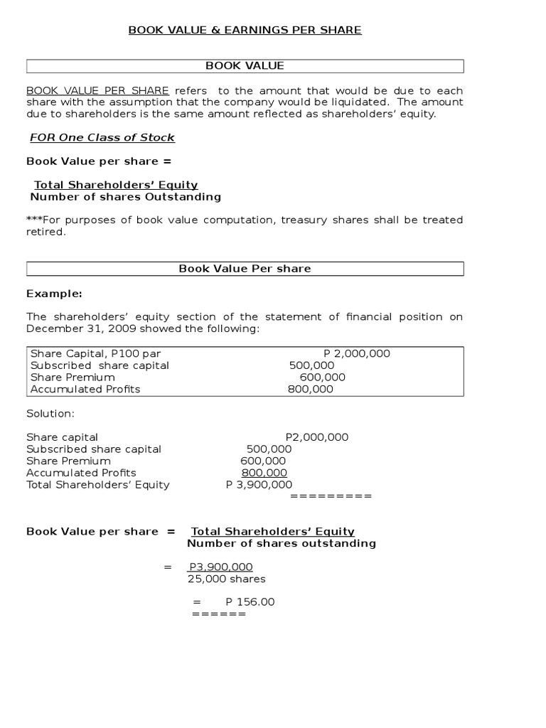 Book Value And Earnings Per Share Earnings Per Share Preferred Stock