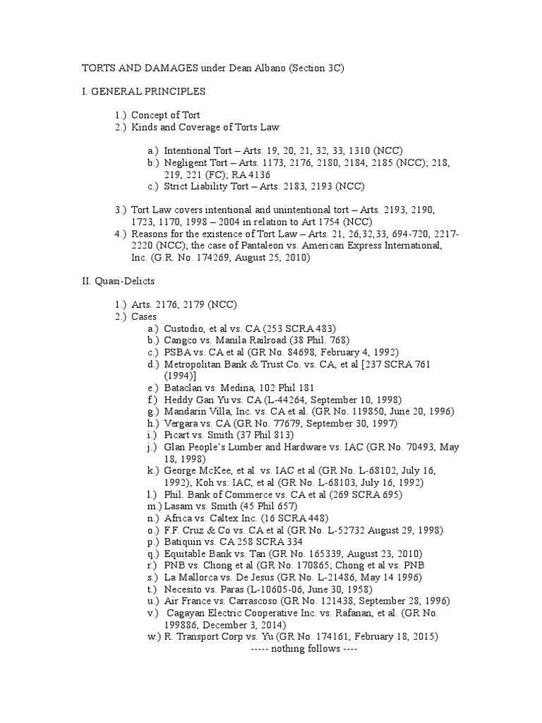 Torts and Damages Overview by Dean Albano | PDF