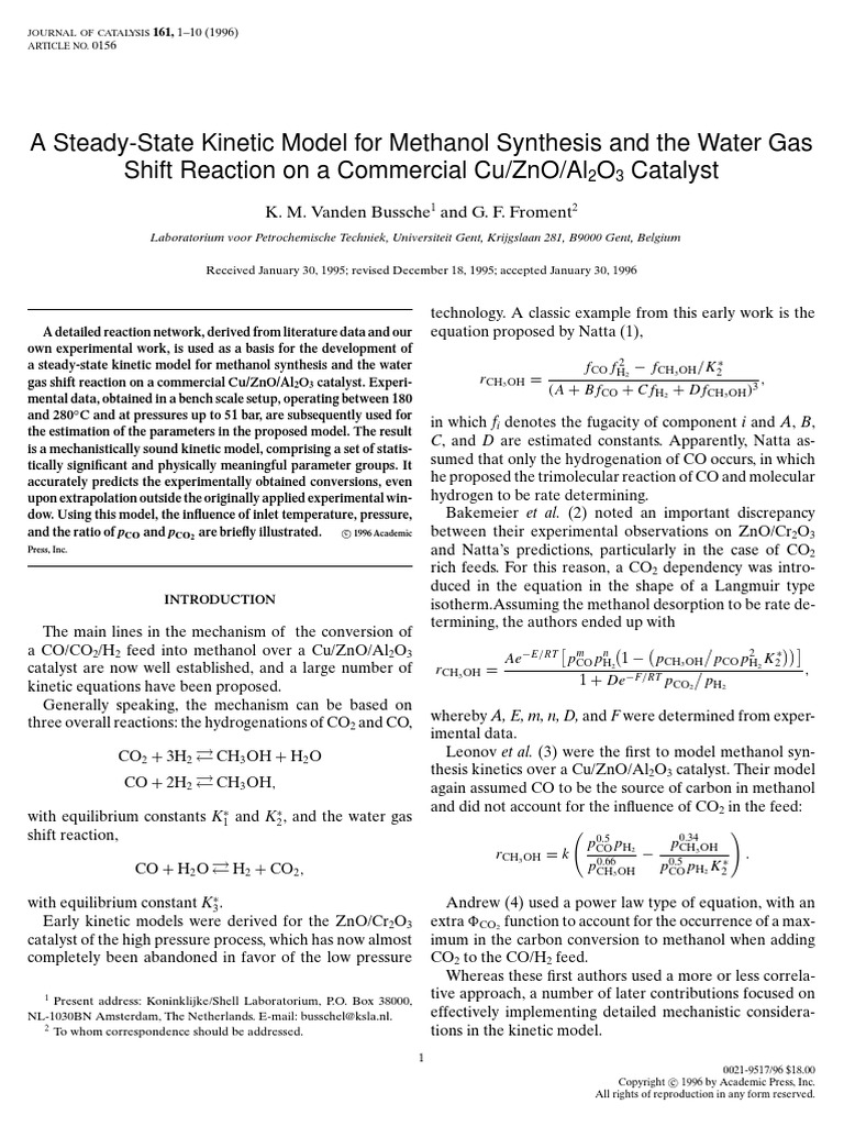 A Steady-State Kinetic Model For Methanol Synthesis and The Water Gas ...