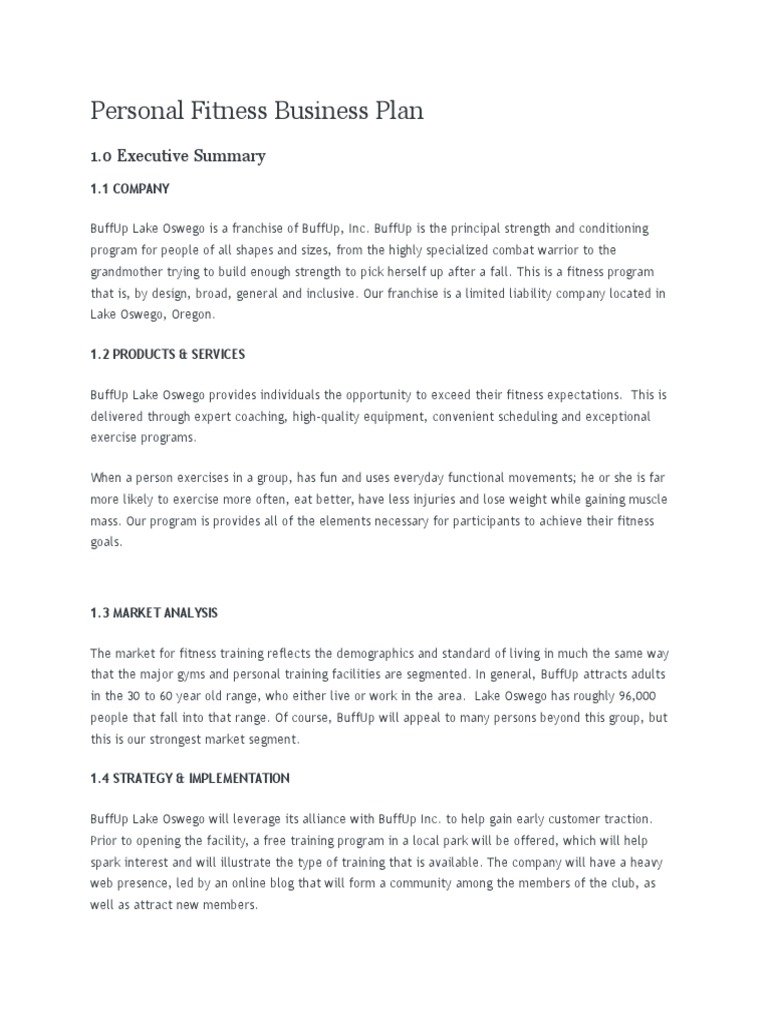 business plan template personal trainer