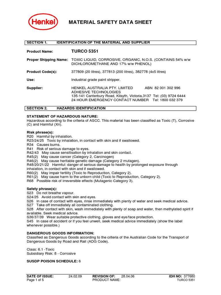 Turco 5351 Msds | Personal Protective Equipment | Toxicity