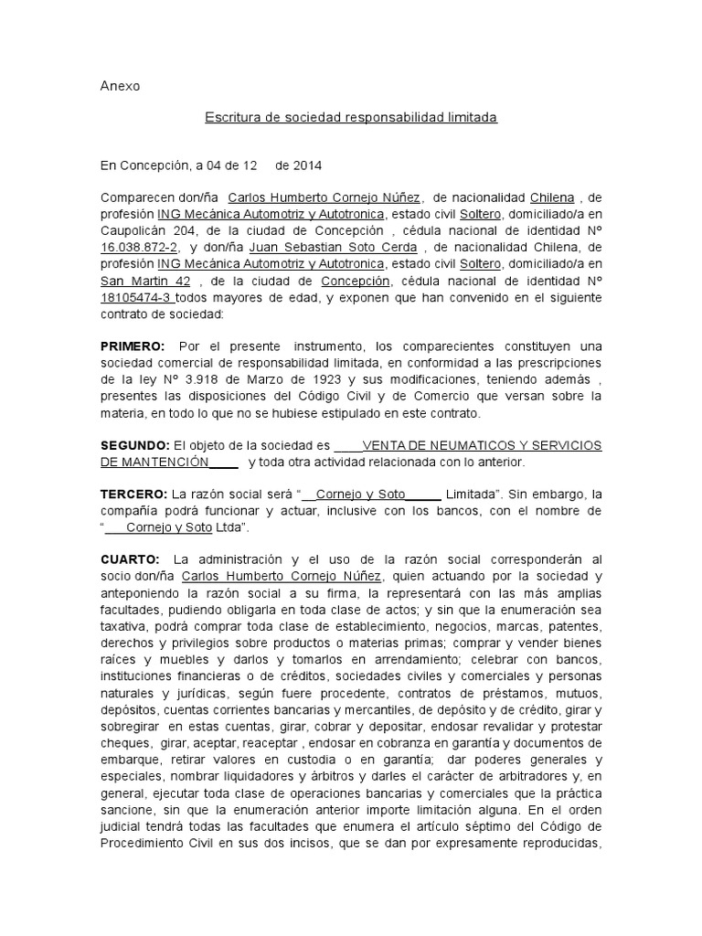 Escritura de Sociedad Responsabilidad Limitada PDF Compañía de responsabilidad limitada Bancos