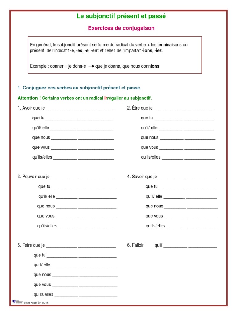 Le Subjonctif Exercices Et Corrig Morphologie Linguistique