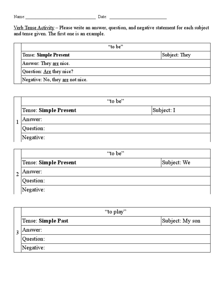 Verb Tense Activity With Sample Answers | Grammatical Tense | Subject