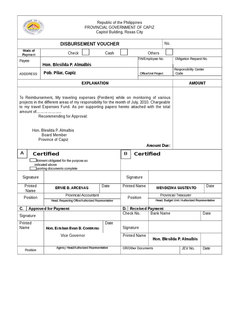 Disbursement Voucher: Hon. Blesilda P. Almalbis | PDF