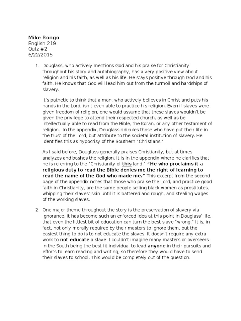 English 219 Quiz #2 6/22/2015: Mike Rongo | PDF | Slavery | God
