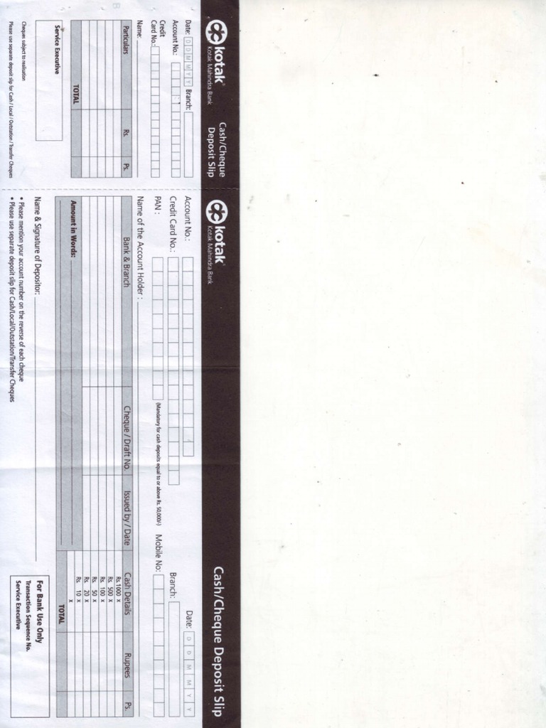 Cash Cheque Deposit Slip Kotak Mahindra Bank
