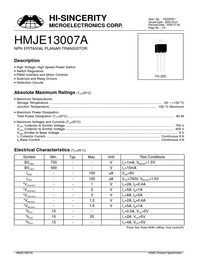 E13007 | PDF | Bipolar Junction Transistor | Electrical Engineering