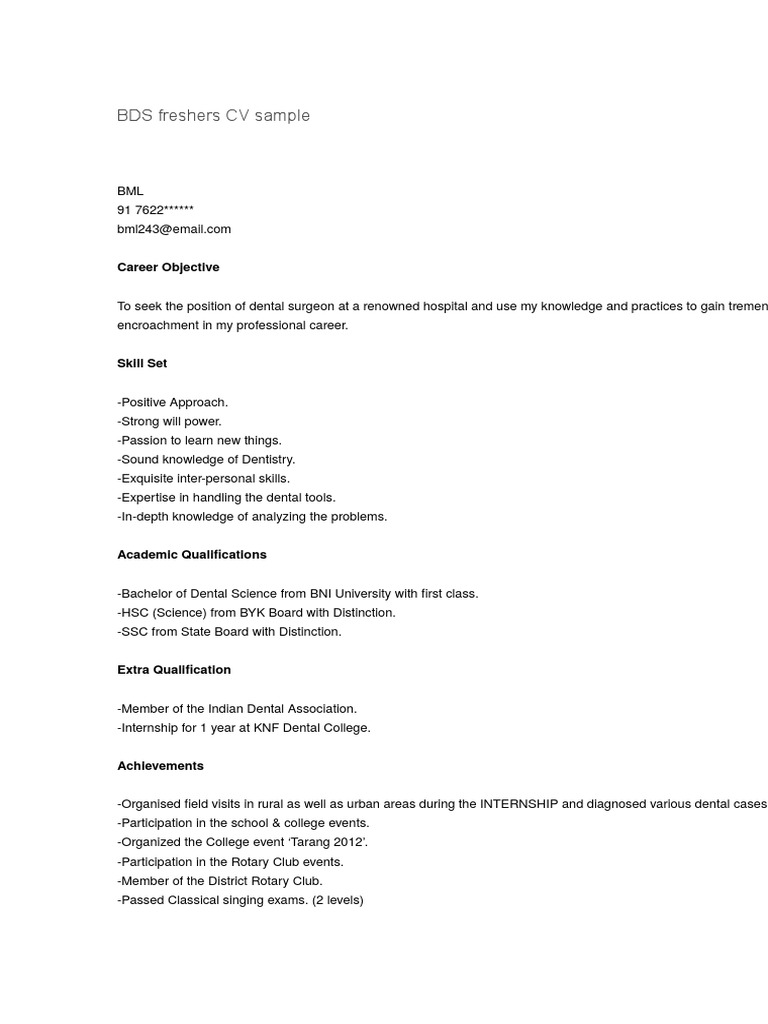 Resume Bds Fresher Resume Sample bds freshers cv sample dental degree dentistry