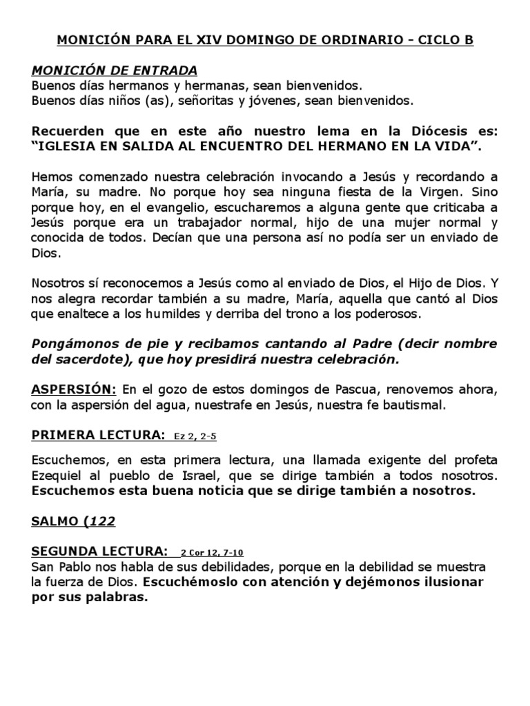Monición Para El Xiv Domingo de Ordinario Ciclo b eucaristía Misa