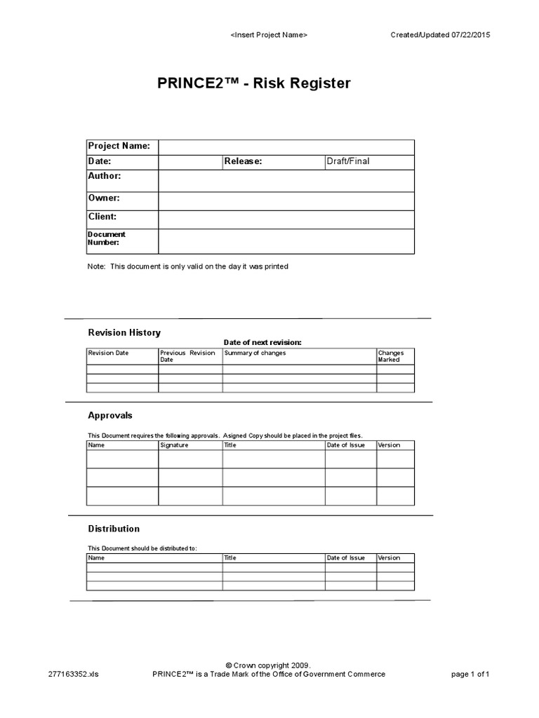 Risk Register | Risk | Microsoft Excel