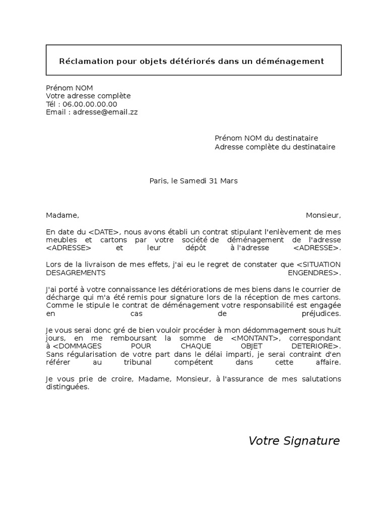 Modèle lettre de réclamation à un déménageur