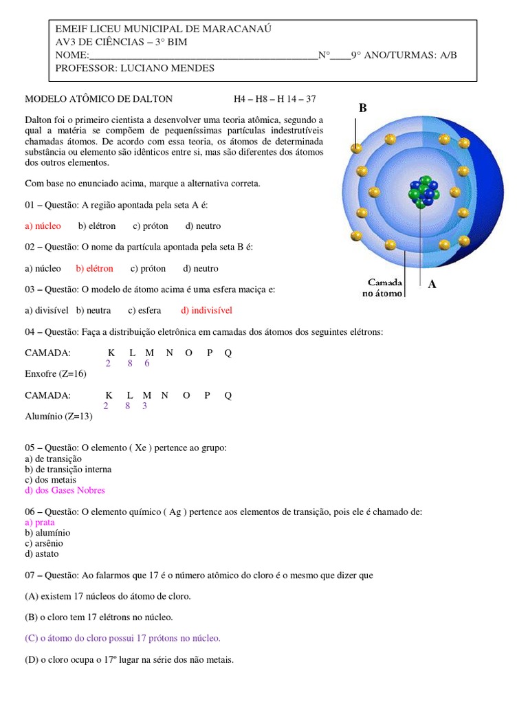 Exercícios sobre Teoria Atômica 9º Ano | PDF | Próton | Átomos