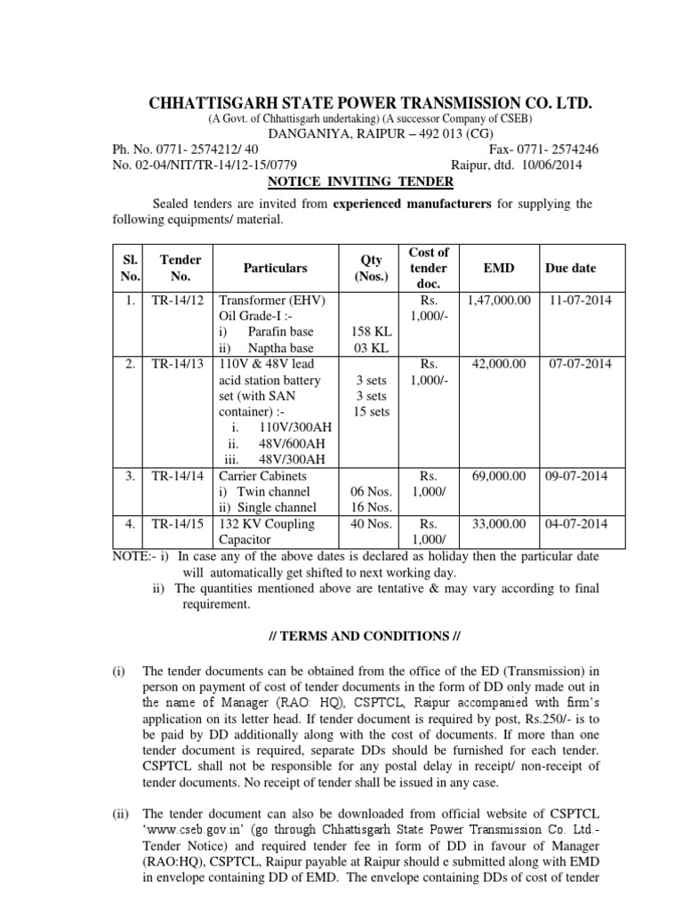 Chhattisgarh State Power Transmission Co. LTD. Notice Inviting Tender