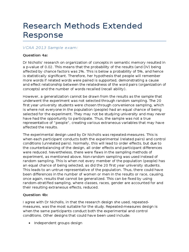 VCE Psychology Research Methods Extended Response Sample Experiment