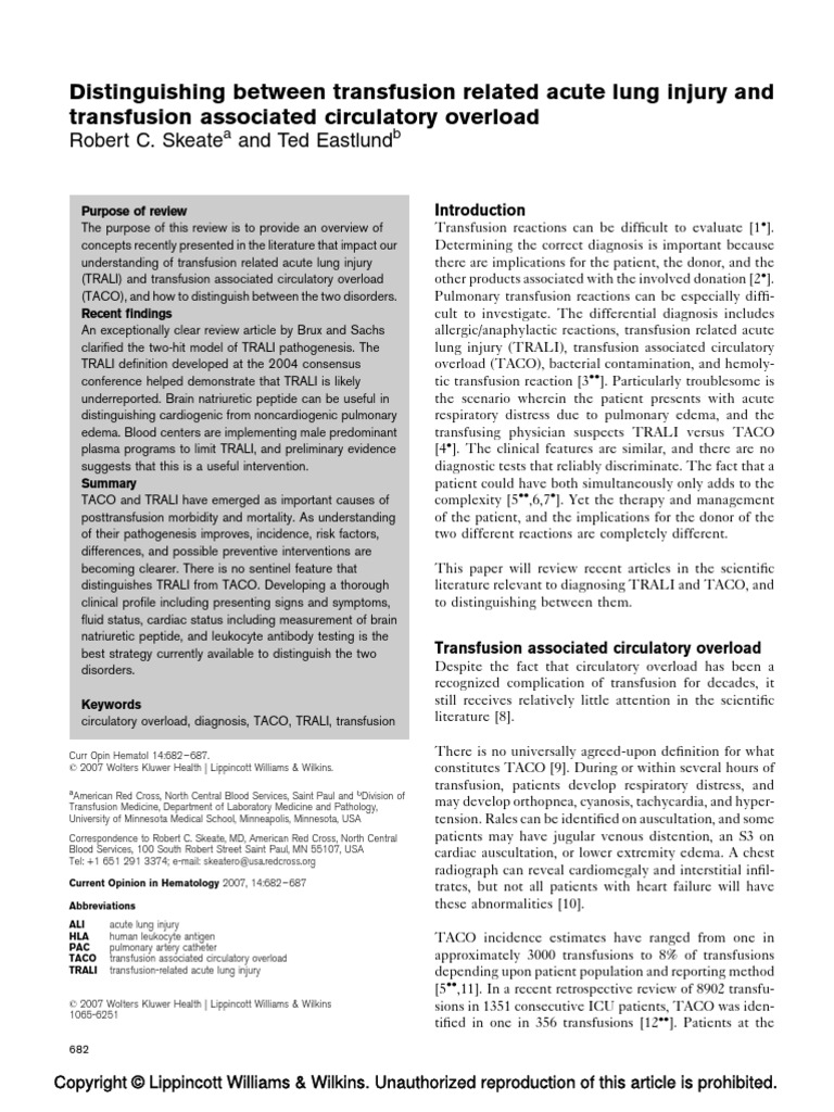 Distinguishing TRALI and TACO | PDF | Medical Specialties | Medicine