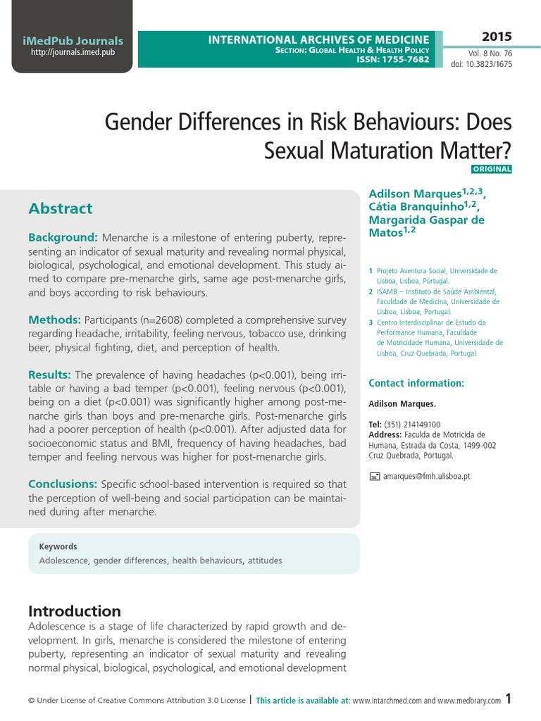 Gender Differences in Risk Behaviours: Does Sexual Maturation Matter ...