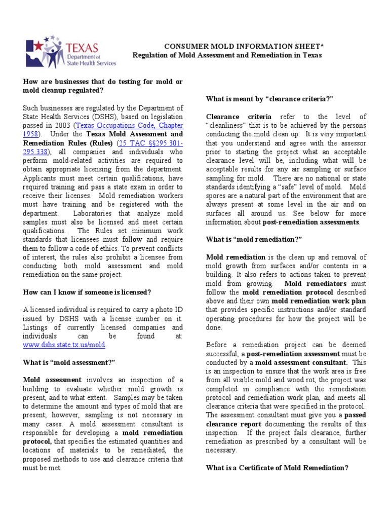 Texas Consumer Information Sheet on Mold Environmental Remediation Mold
