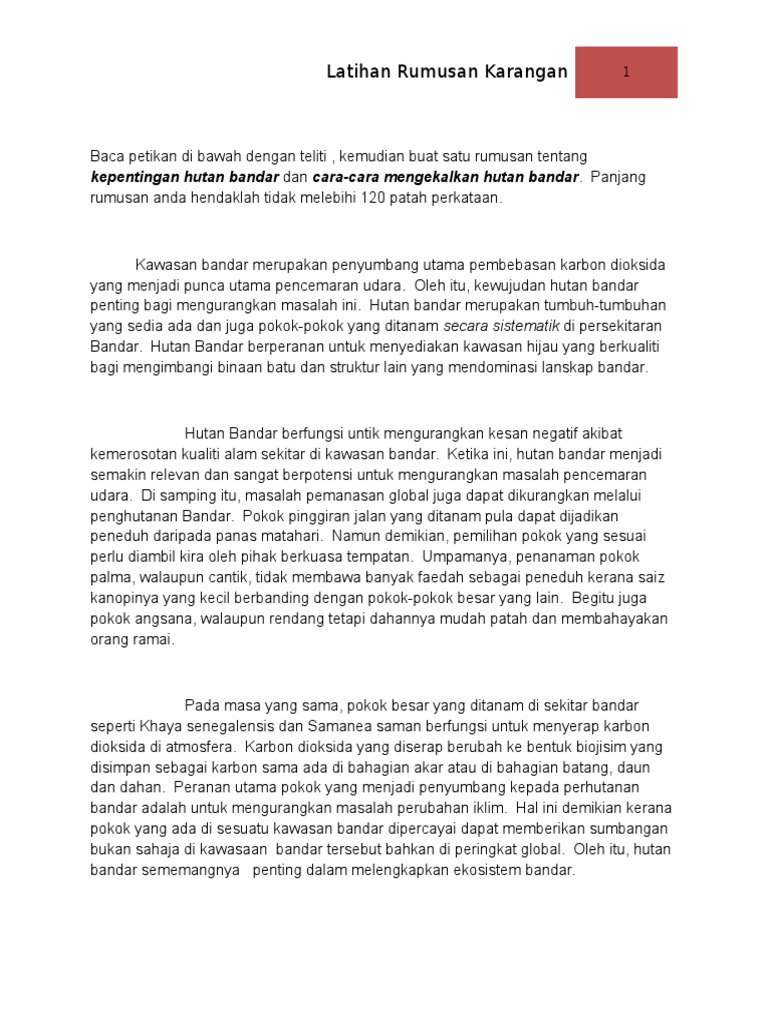 Latihan Rumusan Karangan: kepentingan hutan bandar dan 