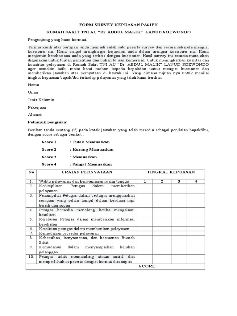 Form Survey Kepuasan Pasien