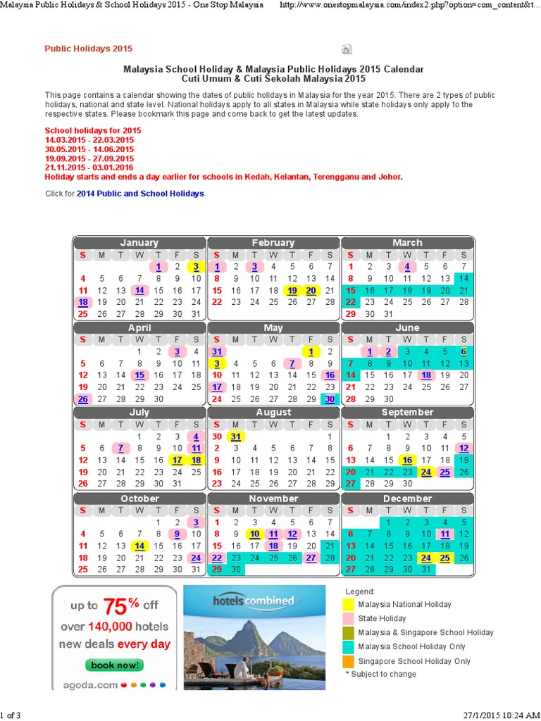 Malaysia Public Holidays & School Holidays 2015 Calendar: A