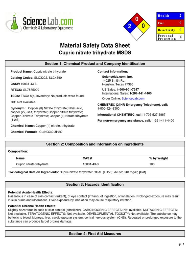 Cupric Nitrate Trihydrate MSDS Section 1 Chemical Product and Company