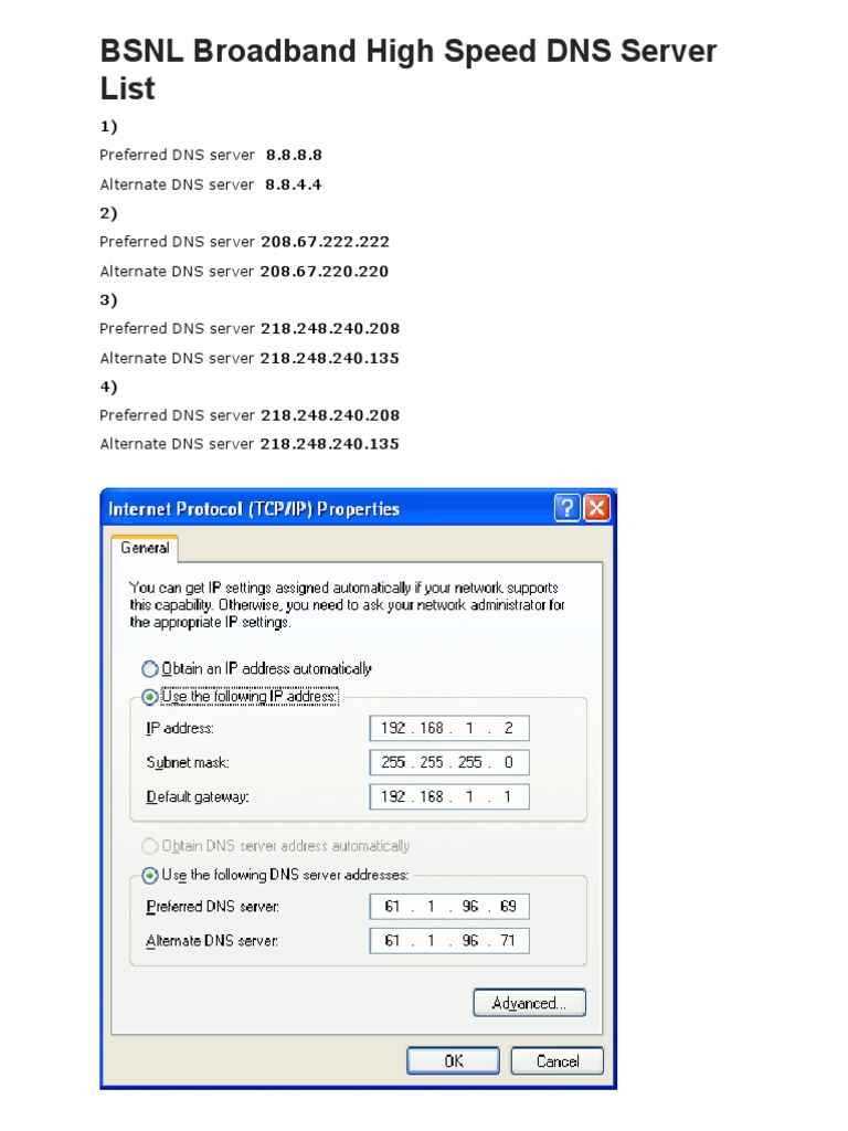 BSNL High-Speed DNS Server List | PDF