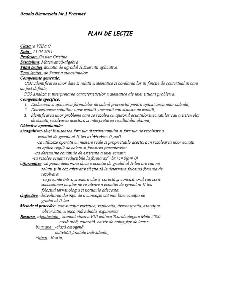 Plan de Lectie Ecuatii de Gradul Doi | PDF