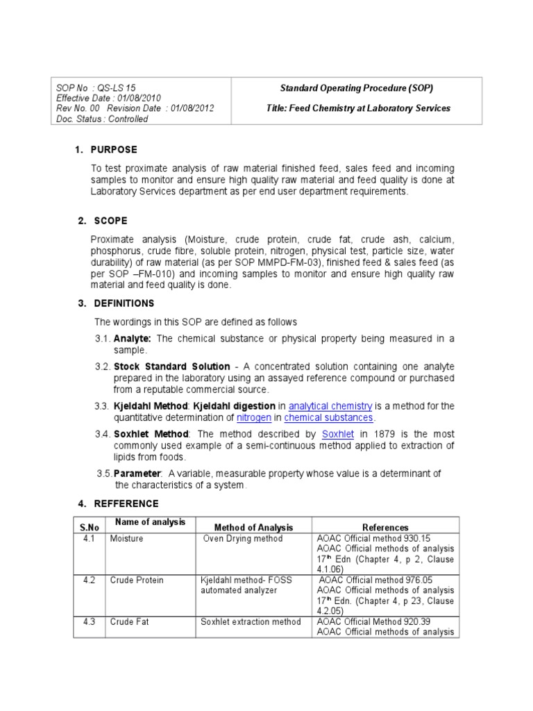Feed Analysis Standard Operation (Analysis) Procedure SOP | PDF ...