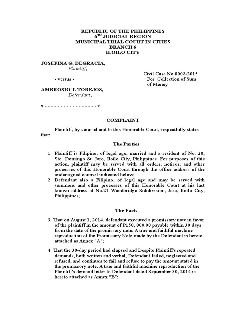 Complaint of Collection of Sum of Money - Joshua | PDF | Plaintiff ...