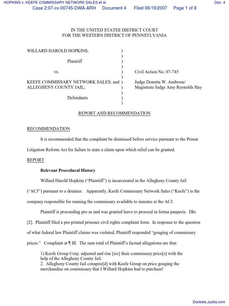 HOPKINS v. KEEFE COMMISSARY NETWORK SALES Et Al Document No. 4 PDF