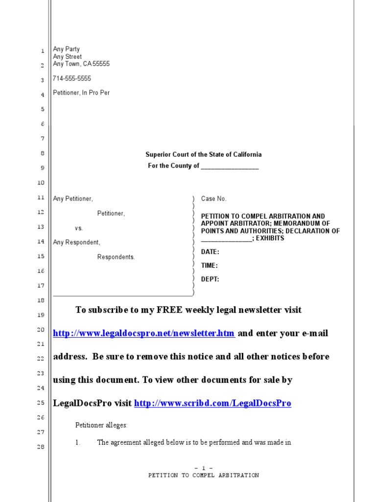 Sample Petition to Compel Arbitration for California Pro Se Legal