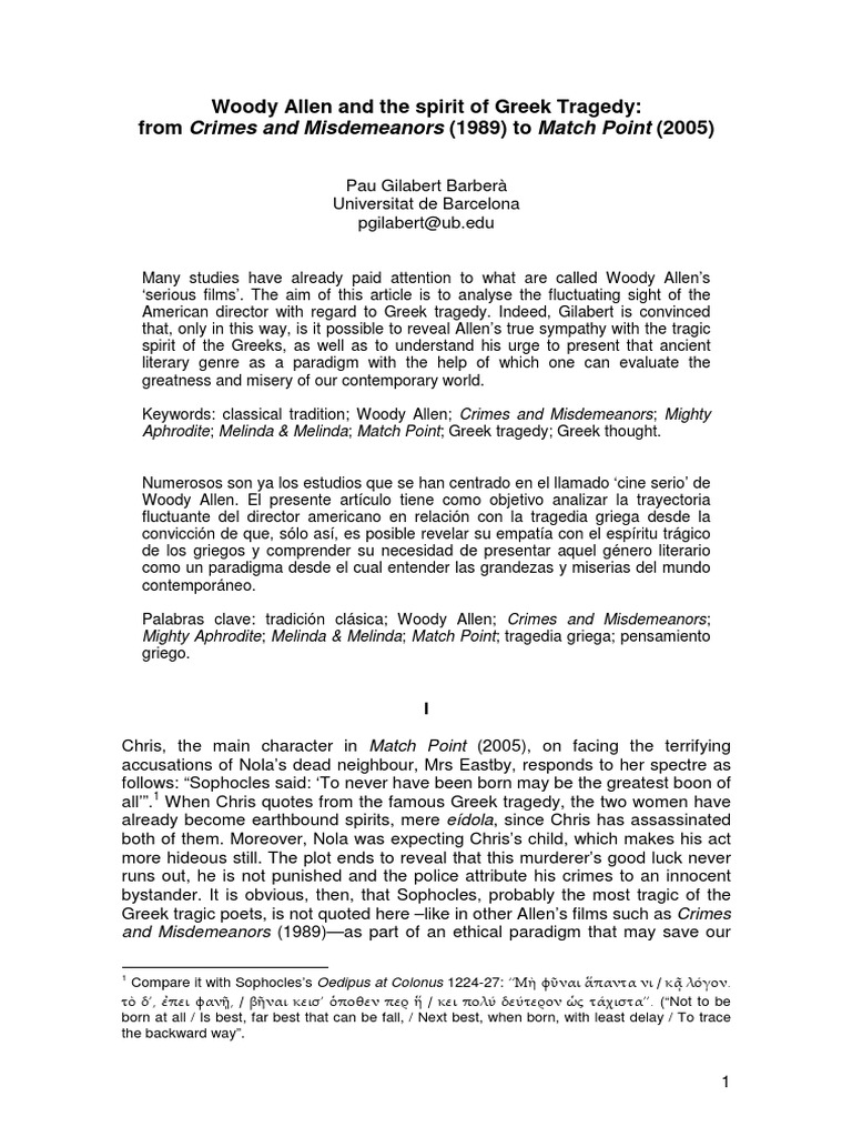 Woody Allen and The Spirit of Greek Tragedy PDF Tragedy Irony