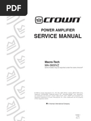 Crown 3600 1 11 00 Ma3600vz Service Manual Original Amplifier Bipolar Junction Transistor