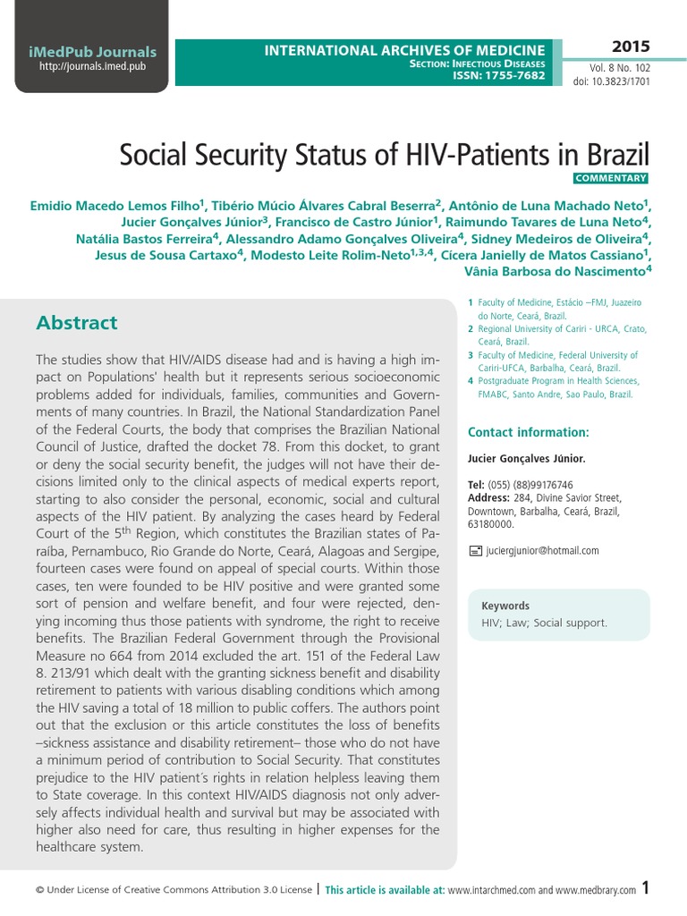 Social Security Status of HIVPatients in Brazil VIH/sida Discapacidad