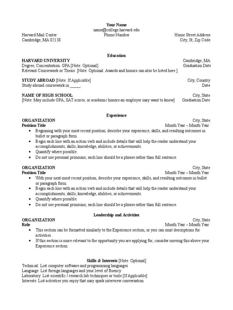 harvard resume template for freshers