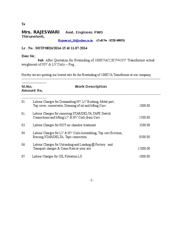 Quotation for 100KVA Transformer Rewinding | PDF
