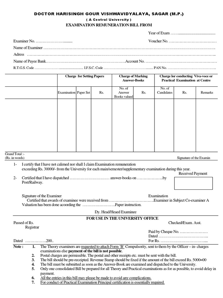 Examination Remuneration Bill Format | PDF